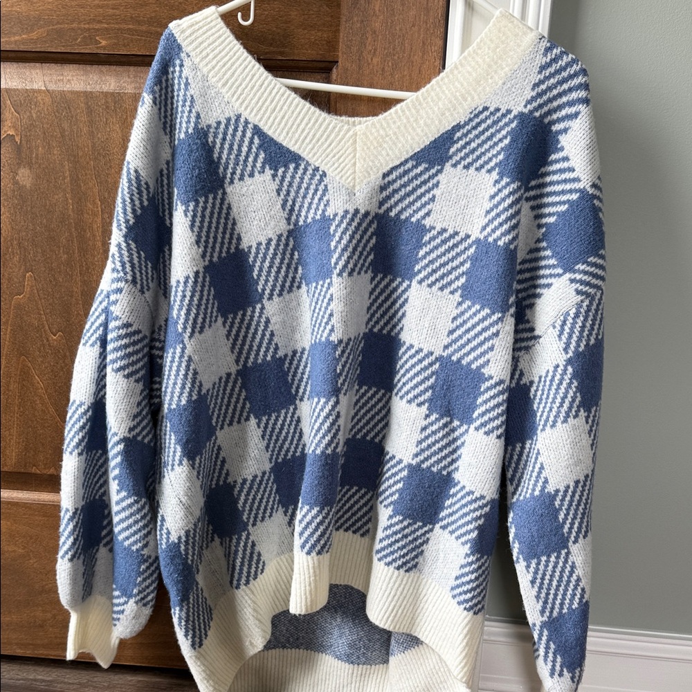 Blue and White Checkered Women's Sweater